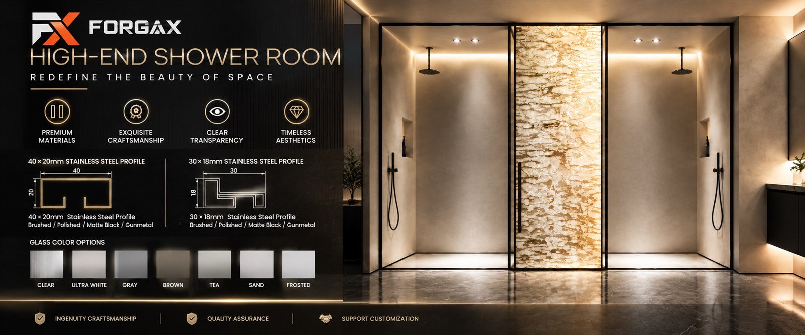 FORGAX Shower & Glass Systems product series banner with profile dimensions and glass finish options